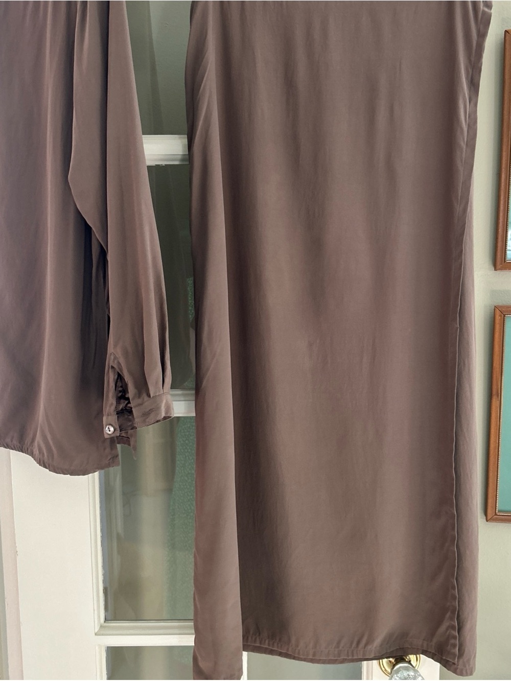 EILEEN FISHER NY TAUPE 100% SILK LONG TUNIC WRAP SKIRT SUIT SZ S/M EXCELLENT - Picture 7 of 12